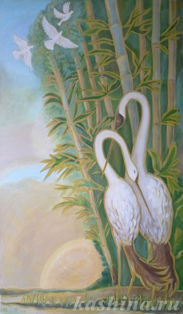"Птицы в зарослях бамбука", картина Евгении Кашиной по мотивам эскиза заказчика