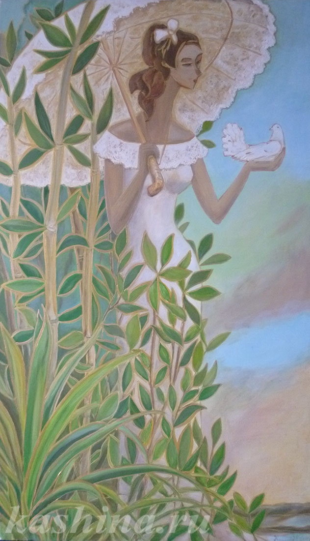 "Девушка с зонтиком", картина Евгении Кашиной по мотивам эскиза заказчика