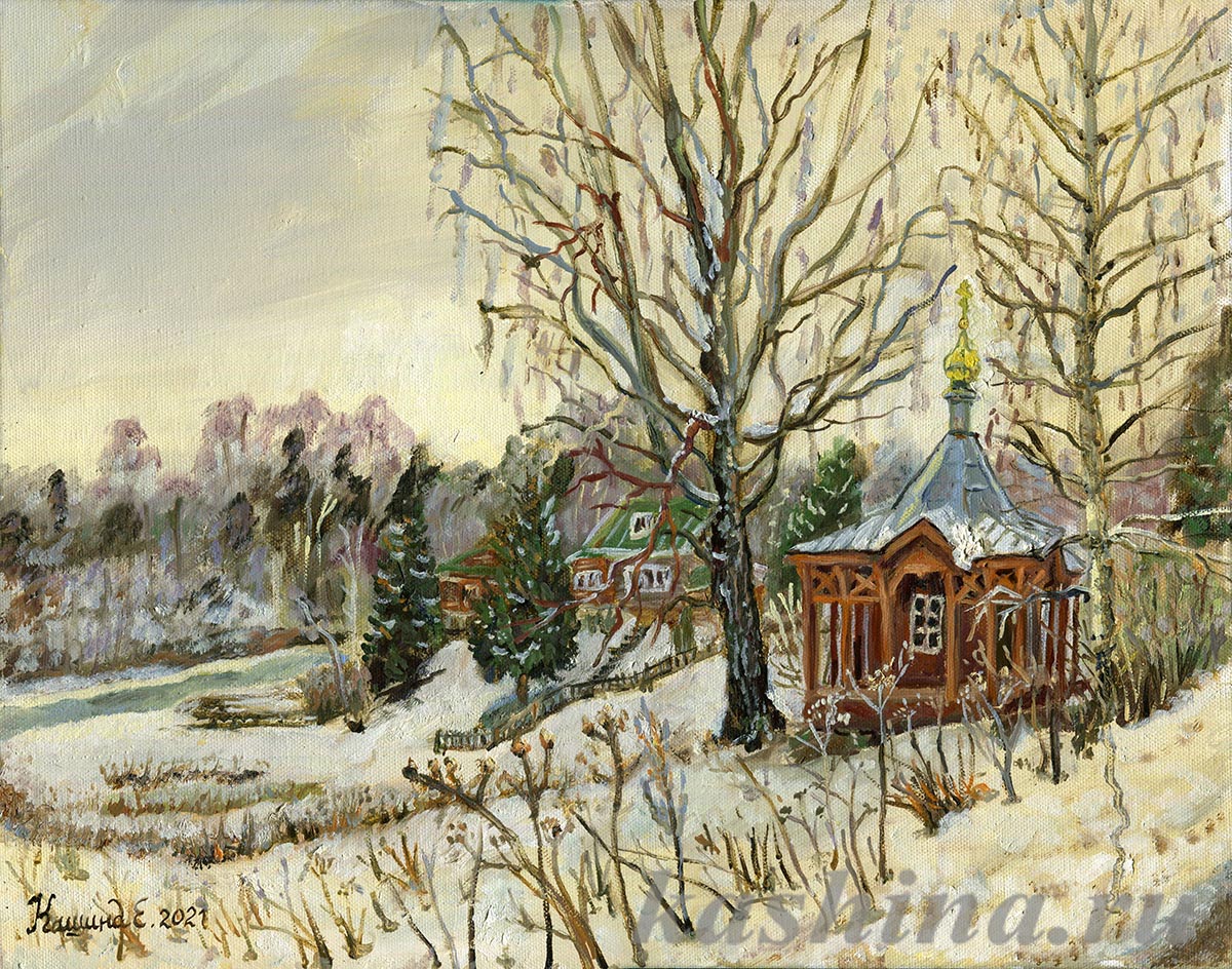 "Nicholas the Wonderworker Chapel in winter" a painting by Evgenia Kashina