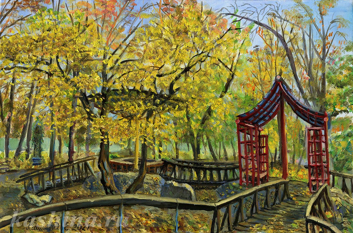 "Golden Autumn. Chinese Pavilion in the Fili Children's Park", a painting by Evgenia Kashina.