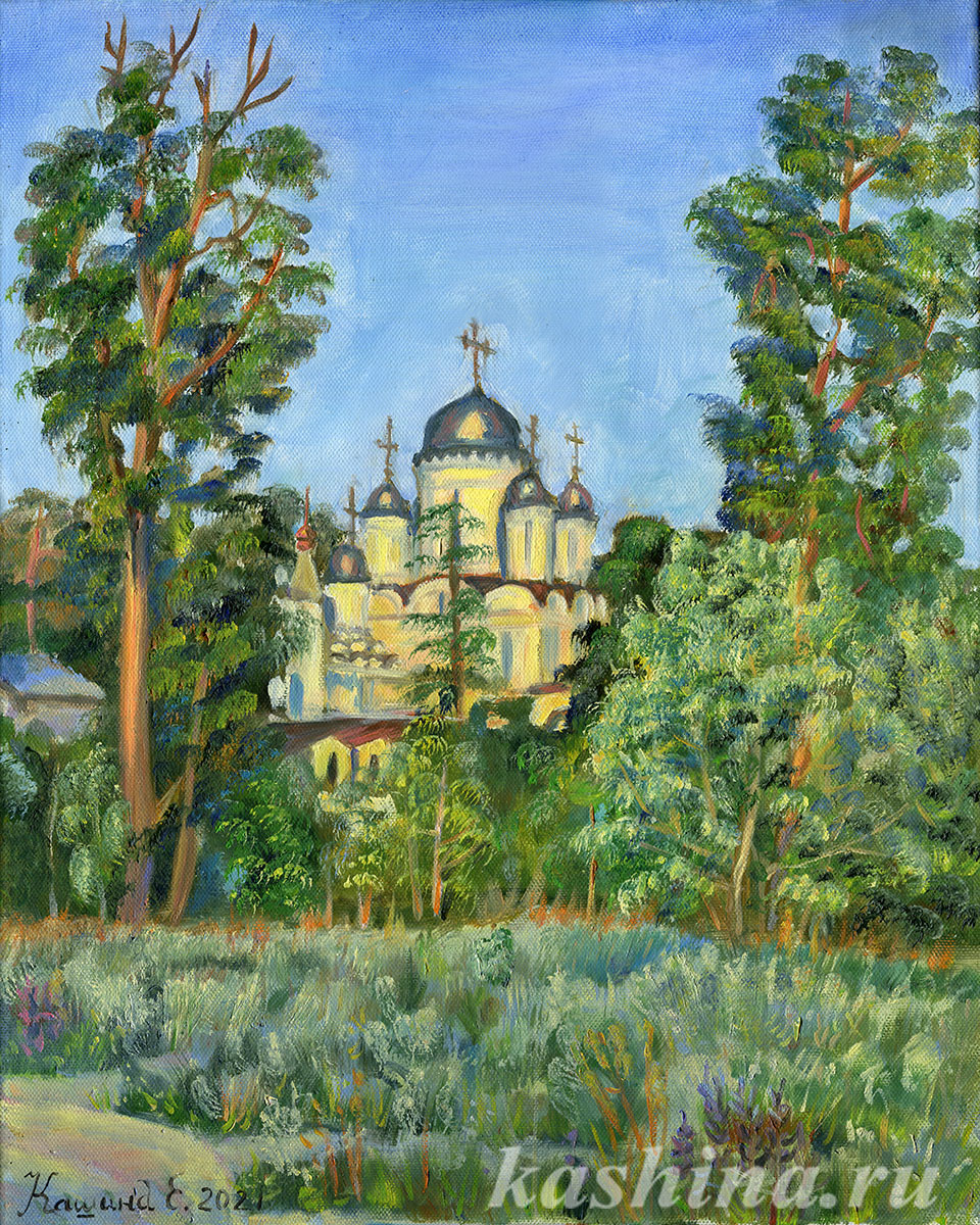 "Golitsyno. Temple of the Transfiguration at sunset" a painting by Evgenia Kashina