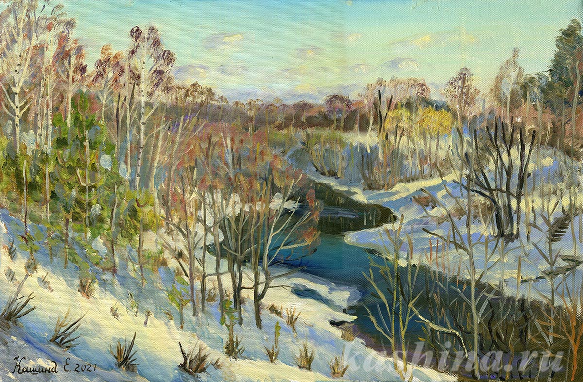 "March. Bend of the Msta River", a painting by Evgenia Kashina.