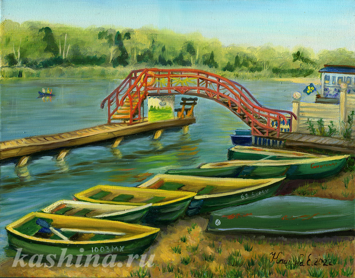 Картина Евгении Кашиной "Мост на лодочной станции, озеро Сенеж," картина Евгении Кашиной