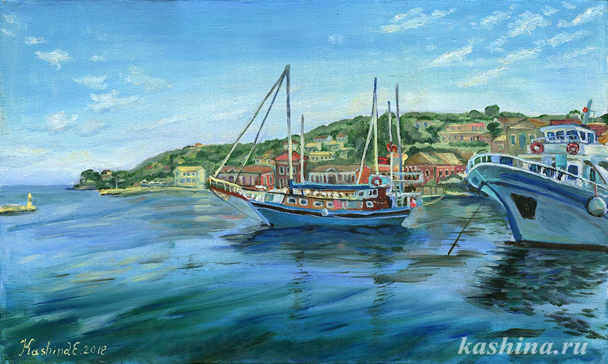 "Gayos, the capital of the island of Paxos. Yachts" Painting by Evgeniya Kashina