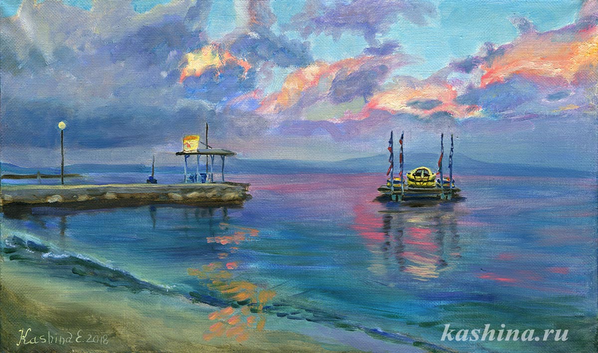 Картина Евгении Кашиной "Закат на острове Корфу. Дрейфующий плот"