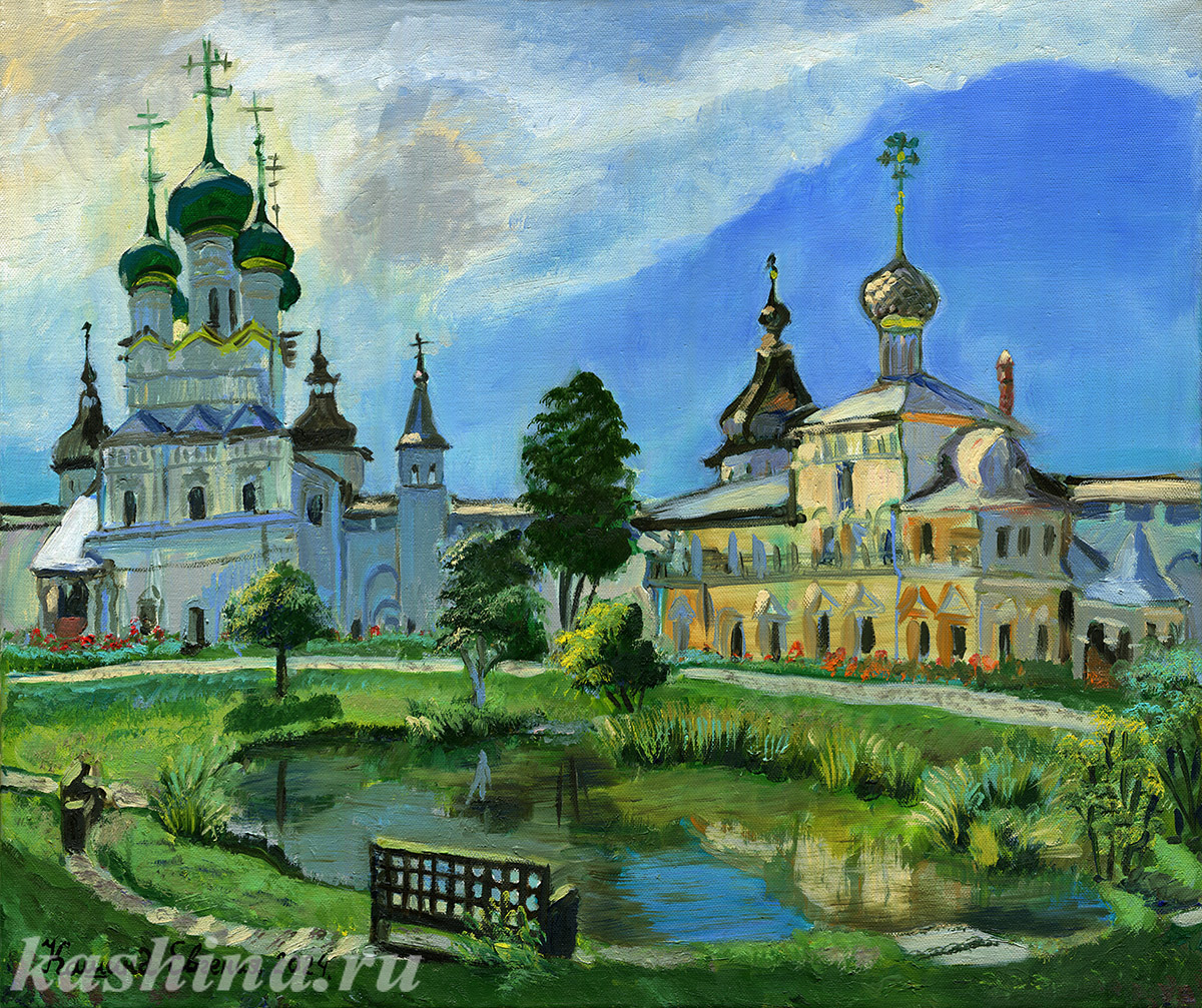 "Rostov Kremlin. Pond, Church of St. John the Evangelist and Church of Hodegetria," painting by Evgeniya Kashina