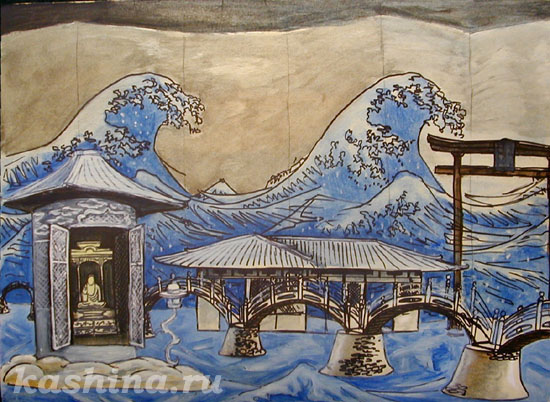 "Hokusai wave." Evgeniya Kashina.
Sketch of scenery for the opera by G. Puccini "Madame Butterfly".
Whatman oil, a marker, 40x60cm, 2001
