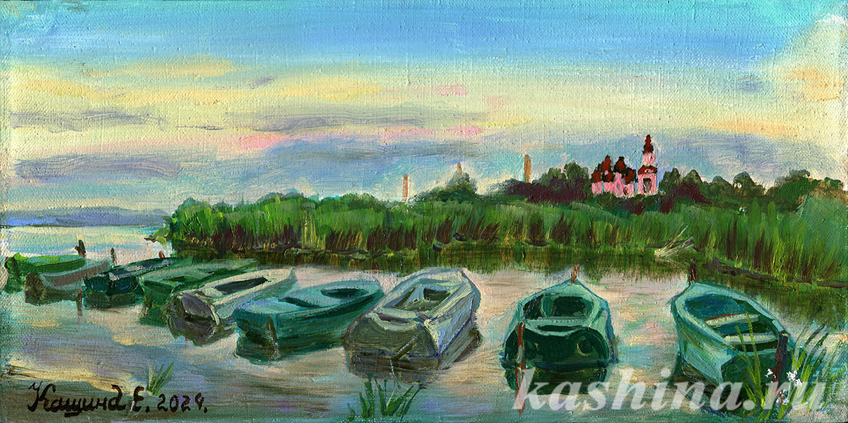 "Matins. Boats on Lake Nero, view of the Abraham Monastery," painting by Evgeniya Kashina