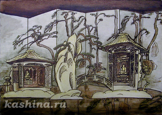 Golden Temple. Scenery sketch for G. Puccini's opera Madama Butterfly, Evgeniya Kashina.