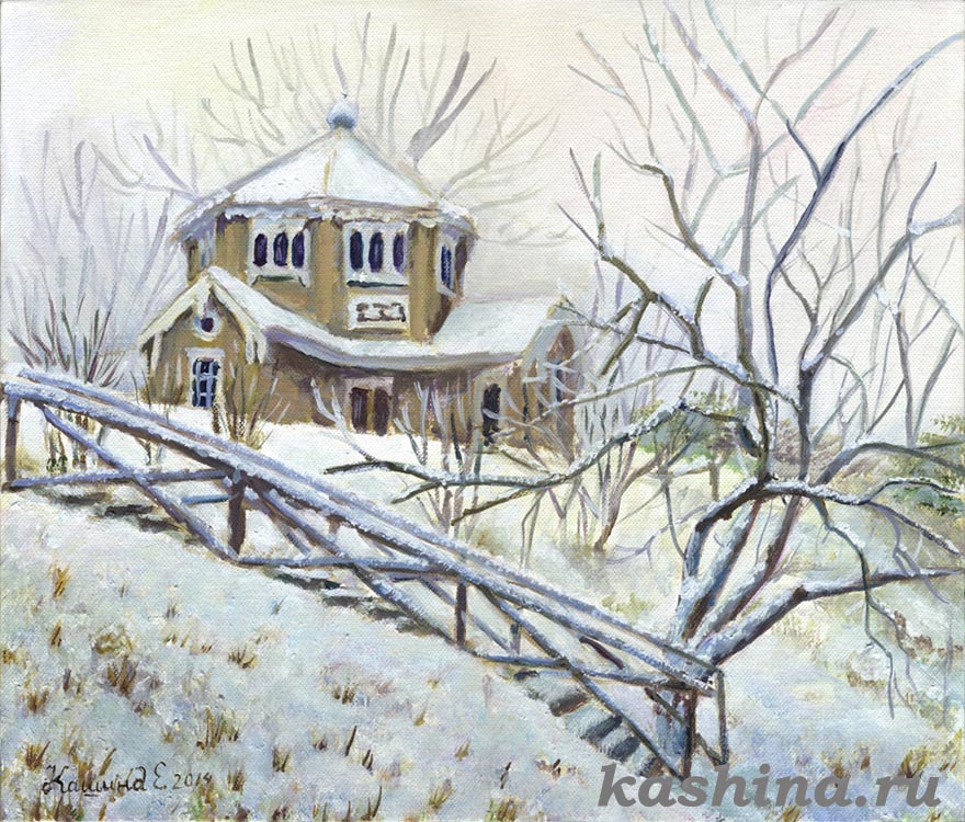 "Первый снег января, Восьмигранный павильон на Академичке", картина Евгении Кашиной