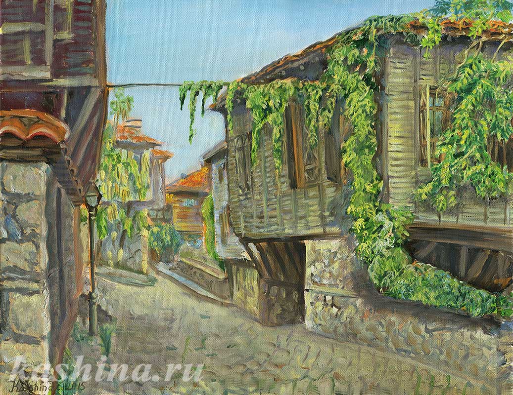 "The Street of Old Sozopol", painting by Evgeniya Kashina,
oil on canvas, 40cm x 50cm, 2015, Sozopol, Bulgaria.