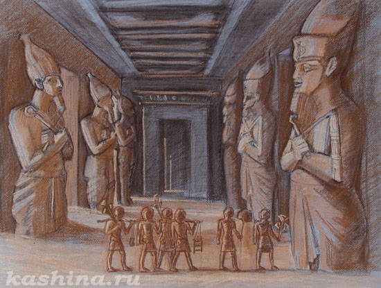 "Silence of the Ancients. Temple of Ramses the Great In Abu Simbel." Evgeniya Kashina.
Colored cardboard, pastels, 65x50 cm, 2002.