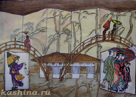 At The Japanese Town. Scenery sketch for G. Puccini's opera Madama Butterfly, Evgeniya Kashina.